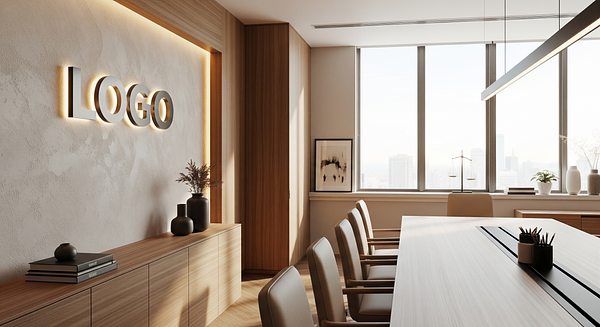 Bright Legal Boardroom Branded Virtual Office Background with Company Logo - Corporate