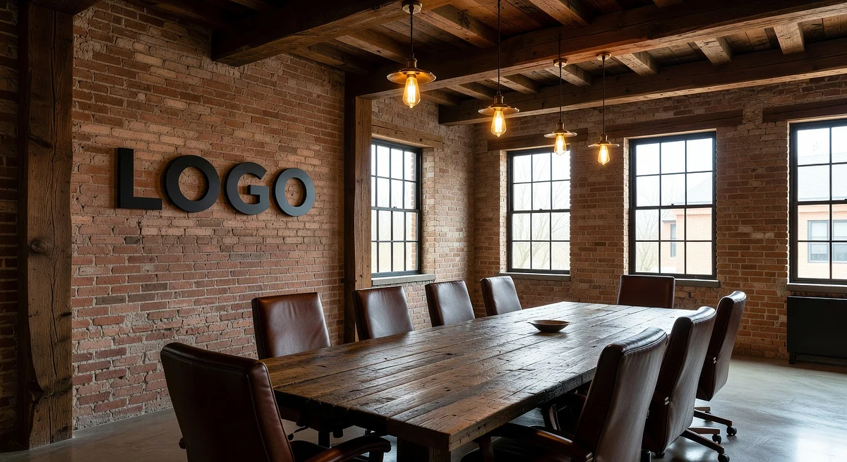 Management Consulting Rustic Boardroom Branded Virtual Office Background with Company Logo - Creative