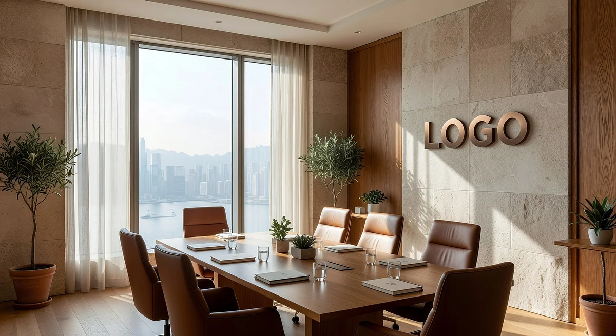 Hong Kong Commercial Real Estate Mediterranean Conference Room Branded Virtual Office Background with Company Logo - Real Estate