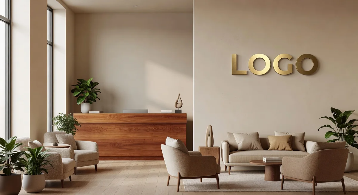 Life Coach Warm Lobby Branded Virtual Office Background with Company Logo - Elegant