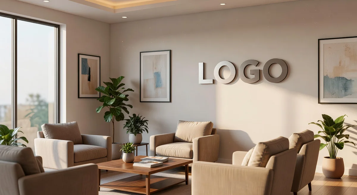 Family Law Warm Waiting Room Branded Virtual Office Background with Company Logo - Industrial