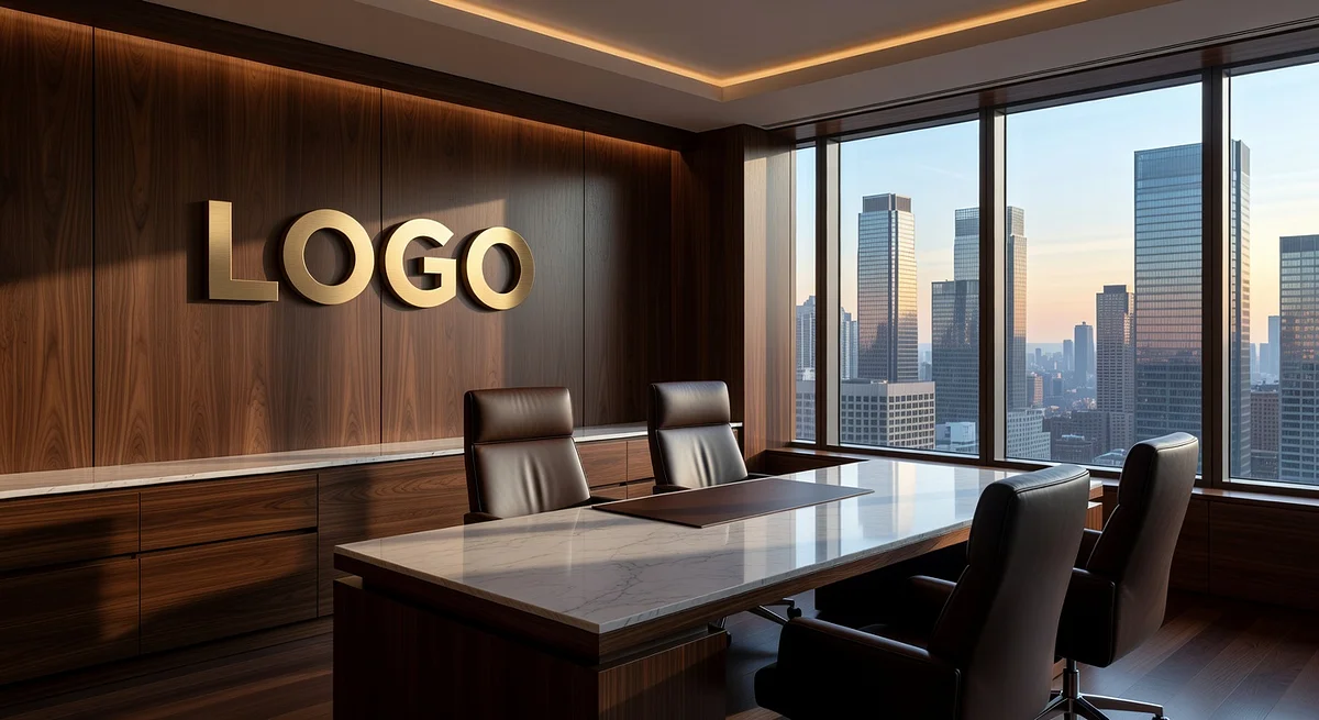 Hedge Fund Luxurious Executive Office Branded Virtual Office Background with Company Logo - Healthcare