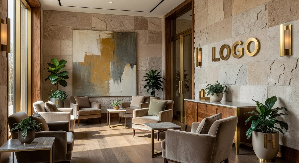 Luxury Real Estate Eclectic Waiting Room Branded Virtual Office Background with Company Logo - Healthcare