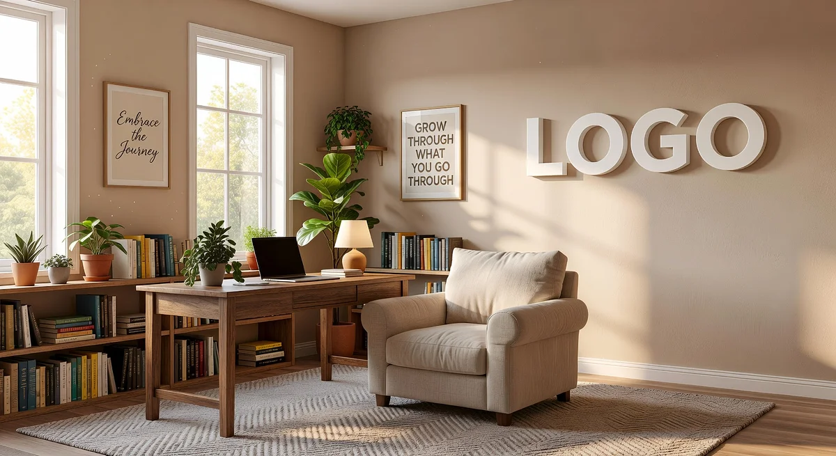 Life Coach Cozy Office Branded Virtual Office Background with Company Logo - Startup