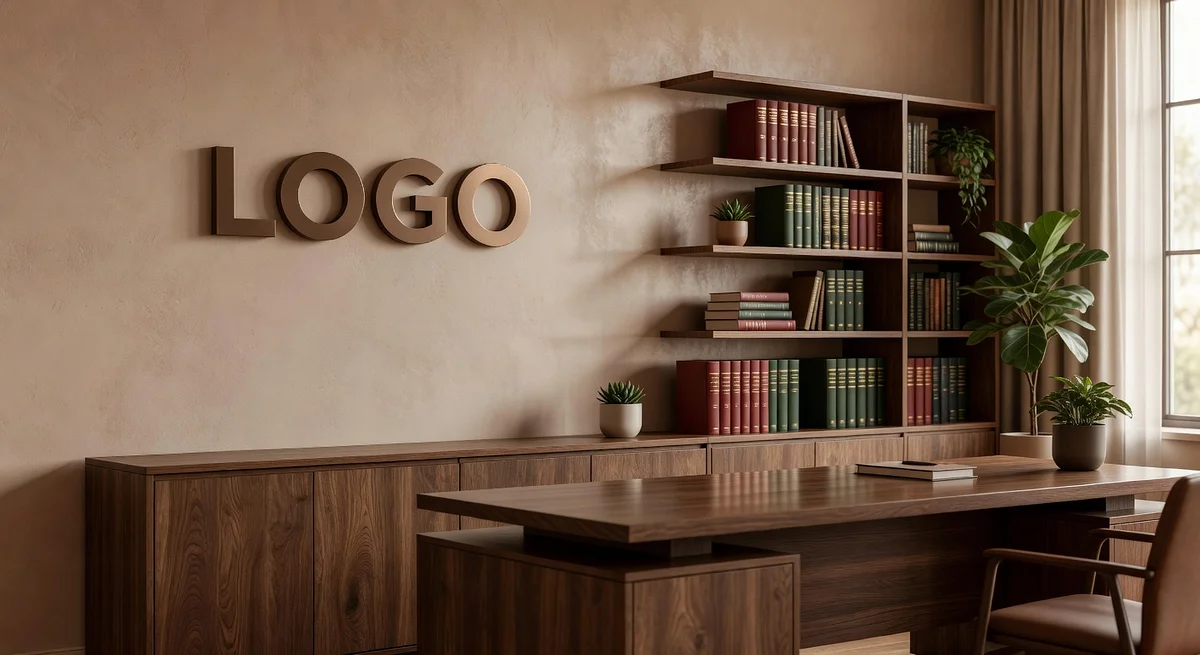 Law Firm Earthy Workspace Branded Virtual Office Background with Company Logo - Finance