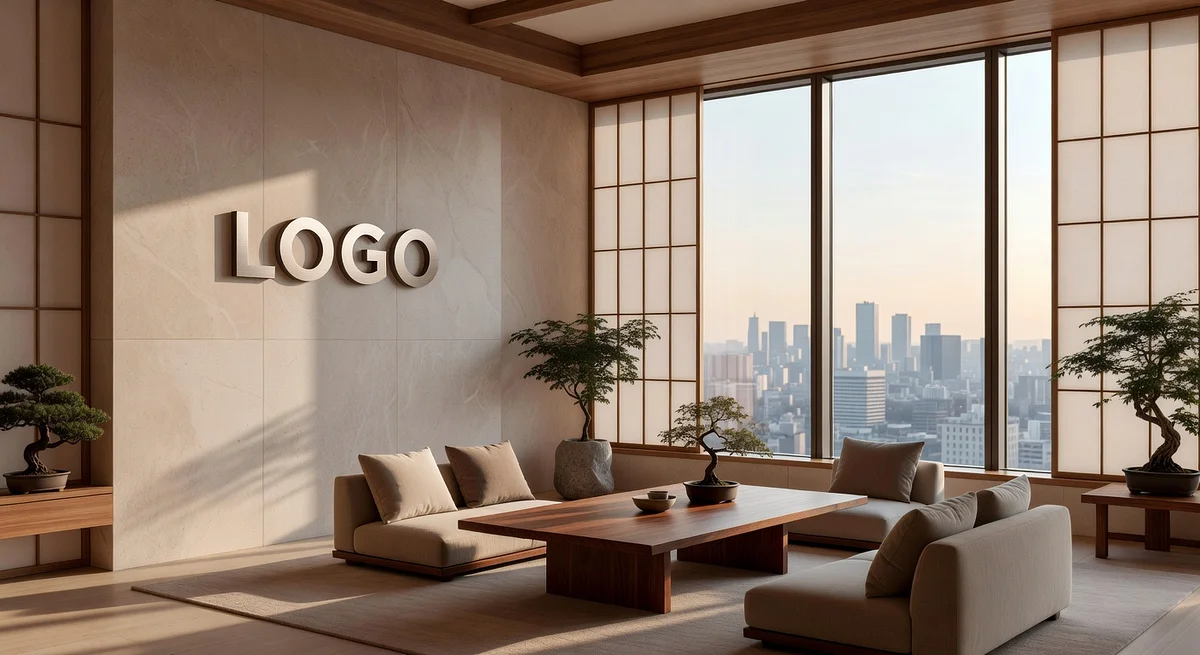 Asset Management Japanese Zen Corner Office Branded Virtual Office Background with Company Logo - Corporate