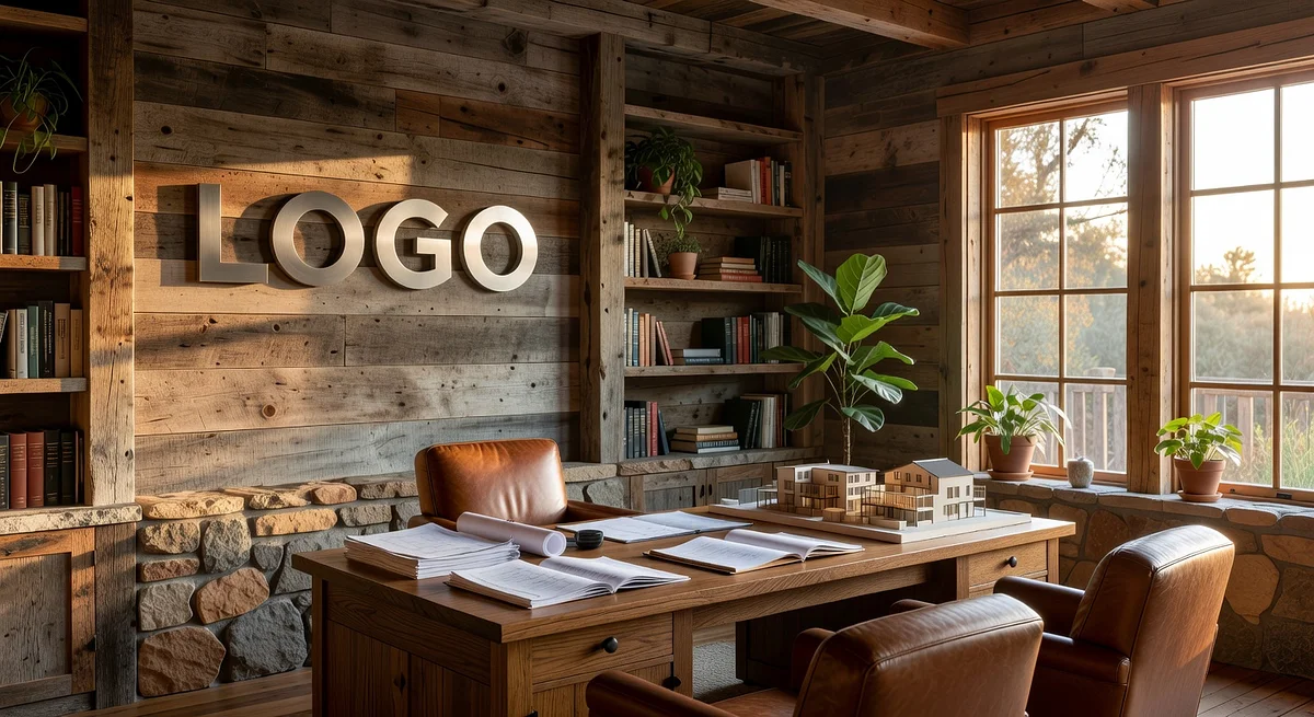 California Real Estate Developer Rustic Home Office Branded Virtual Office Background with Company Logo - Corporate