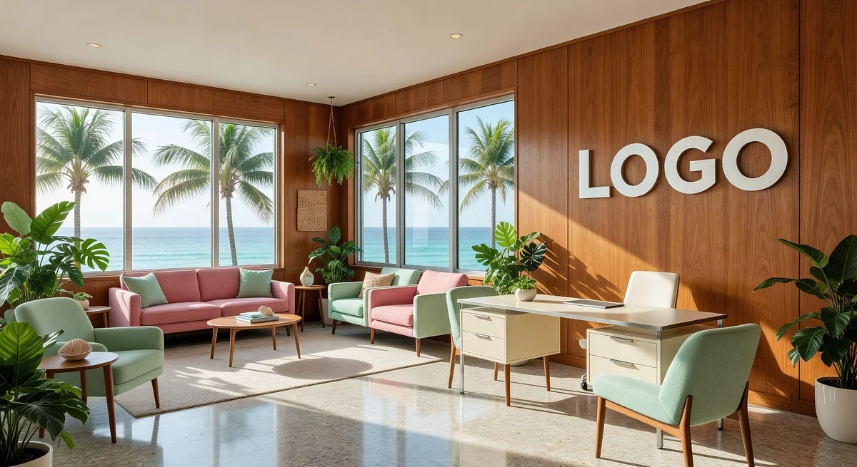 Miami Property Management Mid-Century Modern Creative Space Branded Virtual Office Background with Company Logo - Modern