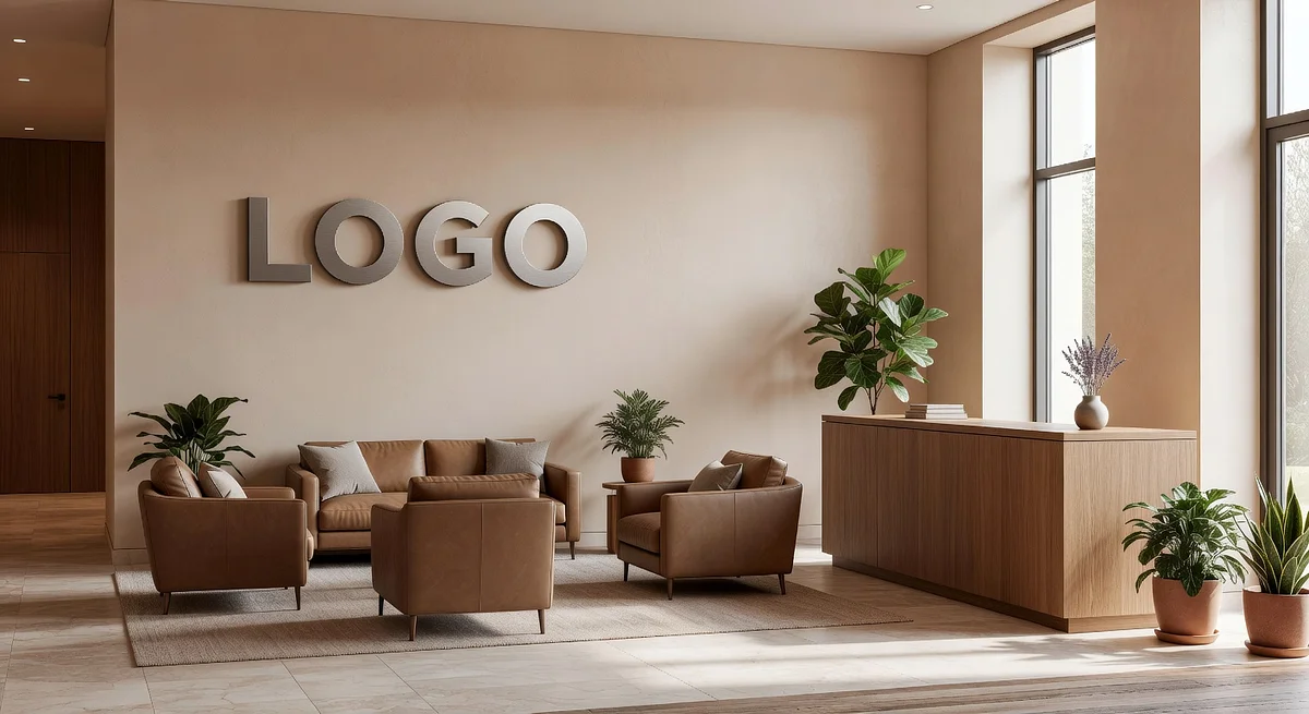 Physician Cozy Lobby Branded Virtual Office Background with Company Logo - Boardroom