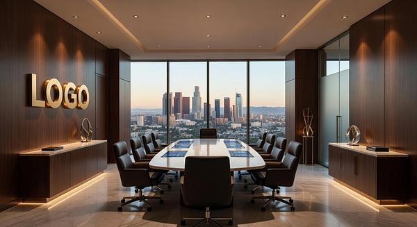 California Private Banking Opulent War Room Branded Virtual Office Background with Company Logo - Startup