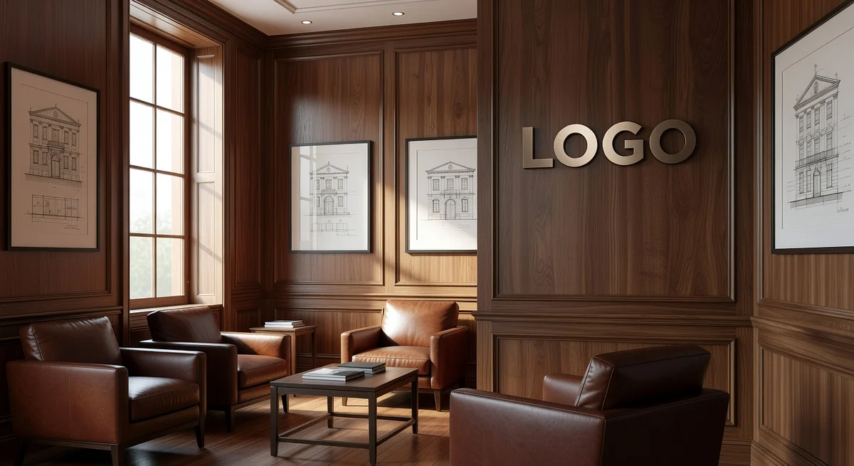 Architecture Firm Traditional Waiting Room Branded Virtual Office Background with Company Logo - Corporate