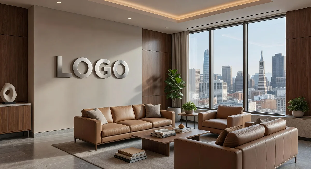 San Francisco Insurance Sophisticated Lounge Branded Virtual Office Background with Company Logo - Healthcare