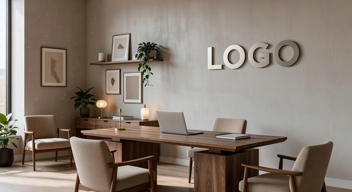 Creative Agency Timeless Office Branded Virtual Office Background with Company Logo - Boardroom