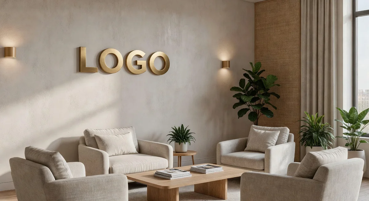 PR Agency Cozy Reception Branded Virtual Office Background with Company Logo - Real Estate