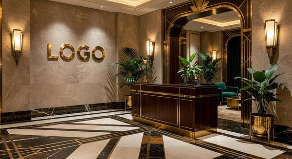 PR Agency Art Deco Foyer Branded Virtual Office Background with Company Logo - Executive