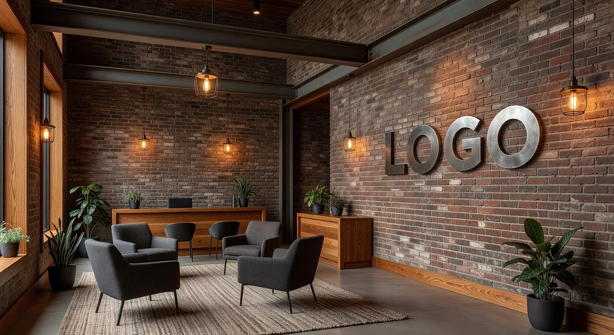 New York Media Rustic Lobby Branded Virtual Office Background with Company Logo - Creative