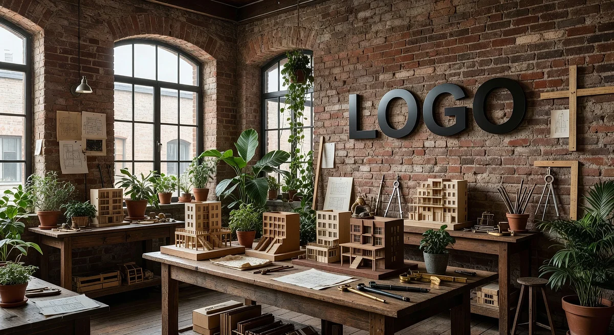 Real Estate Developer Bohemian Workshop Branded Virtual Office Background with Company Logo - Executive