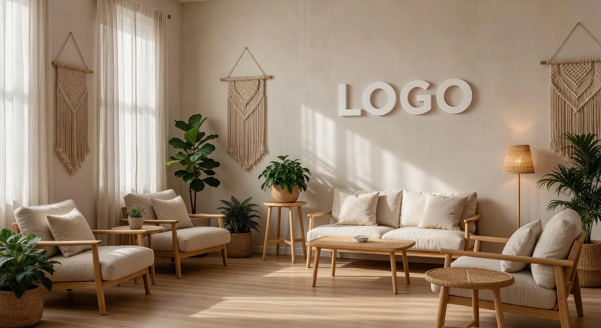 Physical Therapy Bohemian Lobby Branded Virtual Office Background with Company Logo - Real Estate