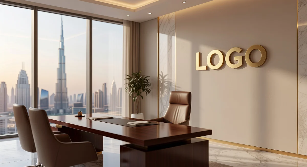 Dubai Accounting Luxurious Private Office Branded Virtual Office Background with Company Logo - Finance