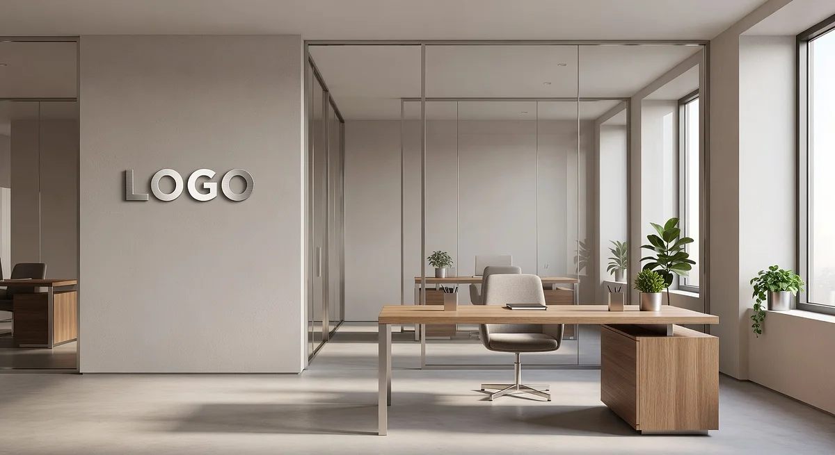 PR Agency Ultra-Modern Private Office Branded Virtual Office Background with Company Logo - Modern