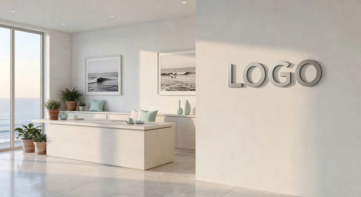 Los Angeles Chiropractor Coastal Foyer Branded Virtual Office Background with Company Logo - Startup