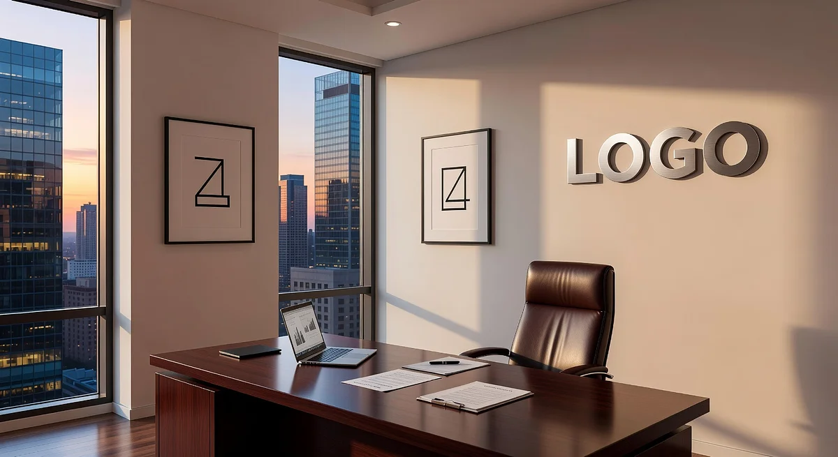 Legal Urban Executive Office Branded Virtual Office Background with Company Logo - Creative
