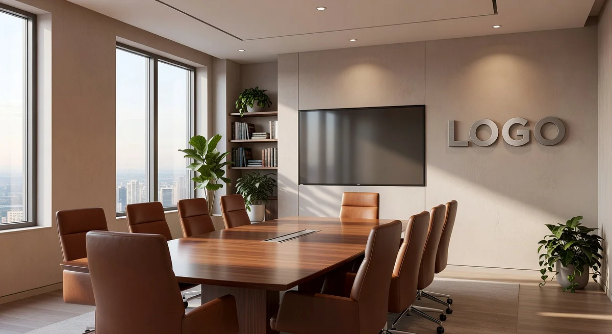 Executive Education Warm Boardroom Branded Virtual Office Background with Company Logo - Corporate