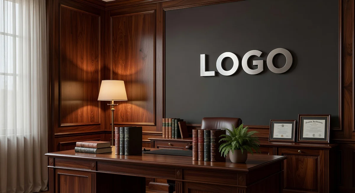 Law Firm Cozy Studio Branded Virtual Office Background with Company Logo - Startup