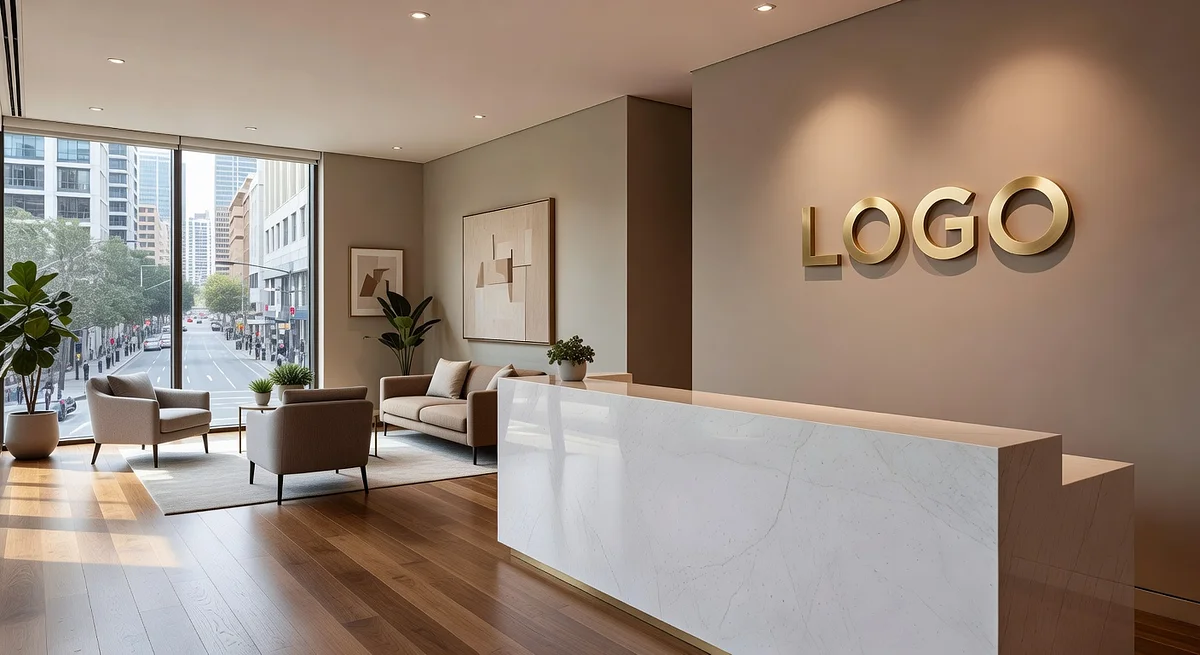 Sydney PR Agency Classic Reception Branded Virtual Office Background with Company Logo - Real Estate