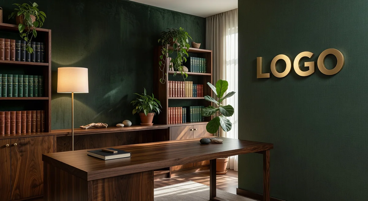 Legal Natural Den Branded Virtual Office Background with Company Logo - Boardroom