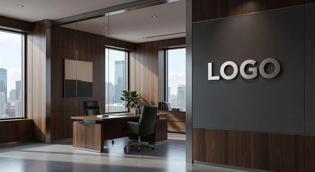 Investment Premium Corner Office Branded Virtual Office Background with Company Logo - Executive