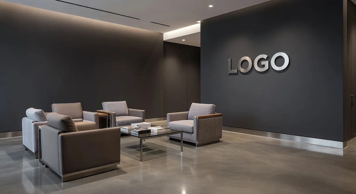 Hedge Fund Ultra-Modern Waiting Room Branded Virtual Office Background with Company Logo - Boardroom