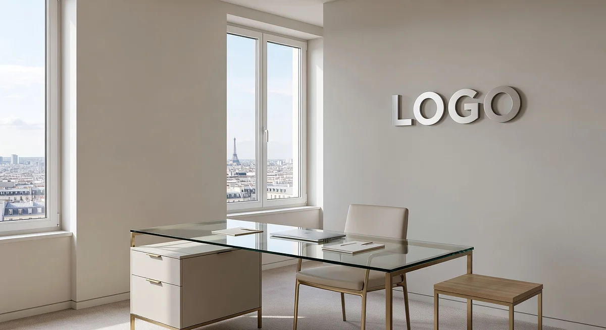 Paris Investment Minimalist Corner Office Branded Virtual Office Background with Company Logo - Boardroom