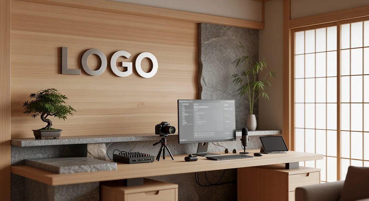 Media Japanese Zen Workspace Branded Virtual Office Background with Company Logo - Executive