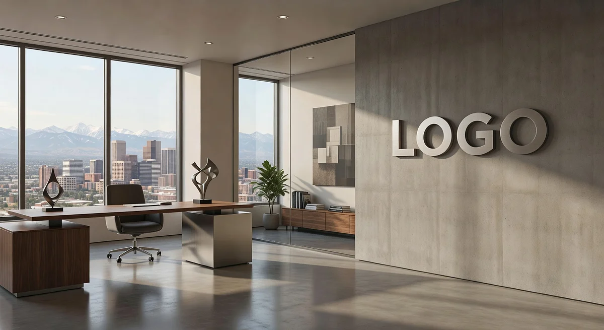 Denver Venture Capital Artistic Corner Office Branded Virtual Office Background with Company Logo - Modern