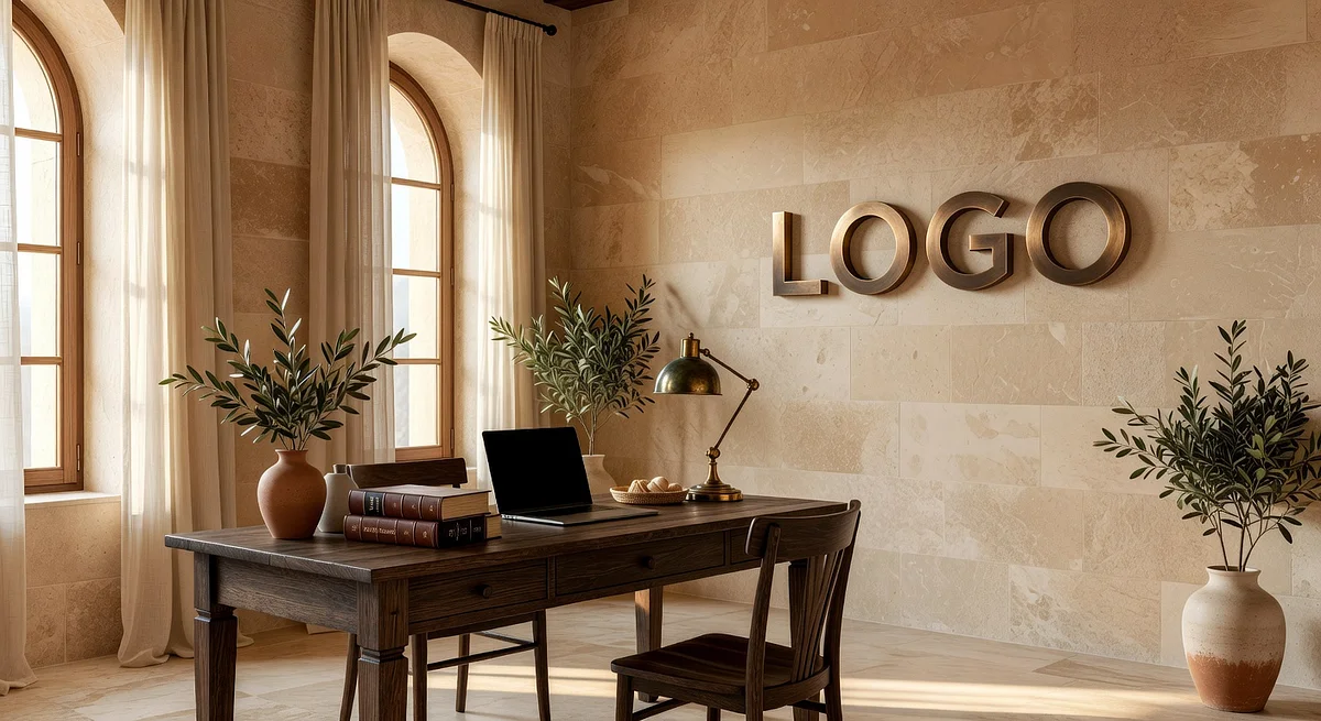 Accounting Mediterranean Den Branded Virtual Office Background with Company Logo - Corporate