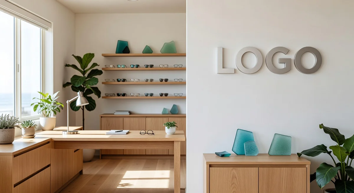 Malibu Optometrist Natural Workspace Branded Virtual Office Background with Company Logo - Minimalist