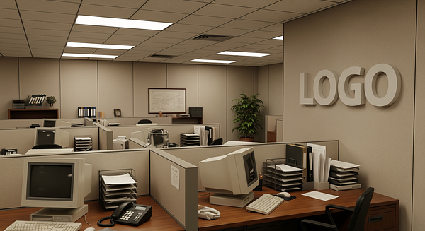 Office in the 90's Branded Virtual Office Background with Company Logo - Corporate