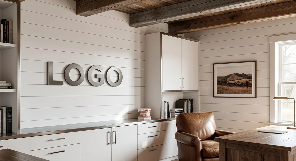Texas Dentist Farmhouse Study Branded Virtual Office Background with Company Logo - Startup