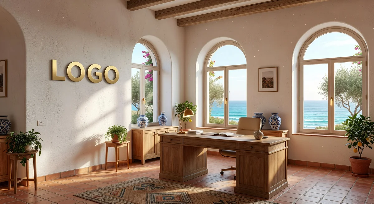 Executive Coach Mediterranean Home Office Branded Virtual Office Background with Company Logo - Modern