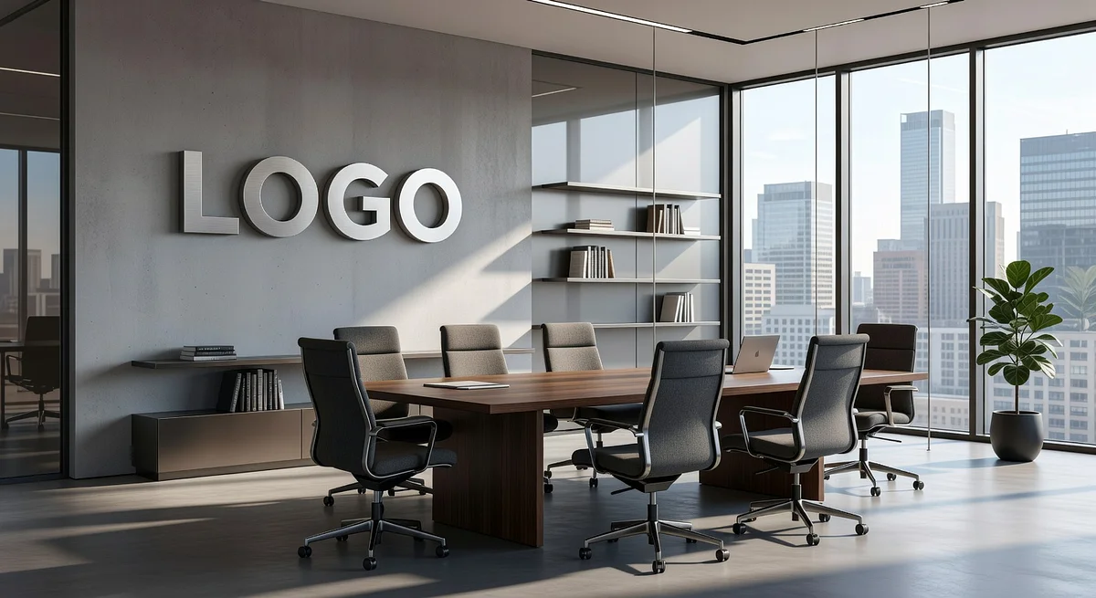 Strategy Modern Workspace Branded Virtual Office Background with Company Logo - Real Estate