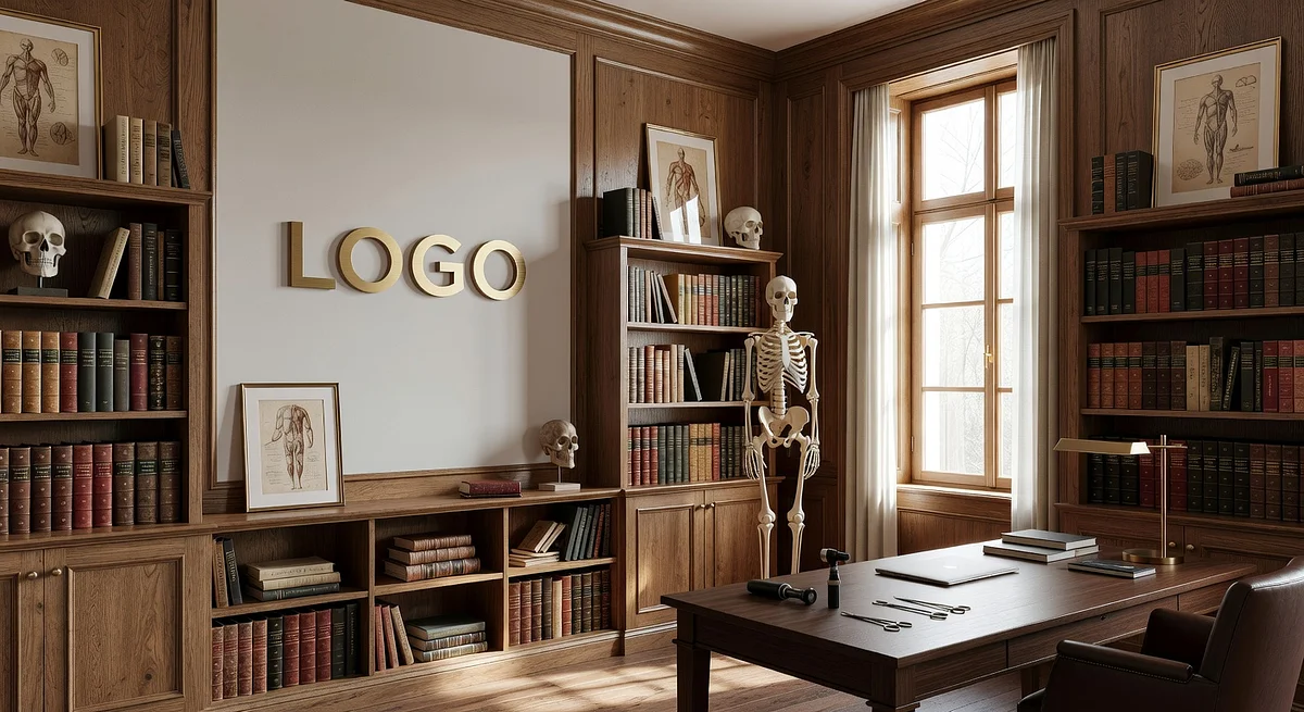 Doctor Eclectic Study Branded Virtual Office Background with Company Logo - Corporate