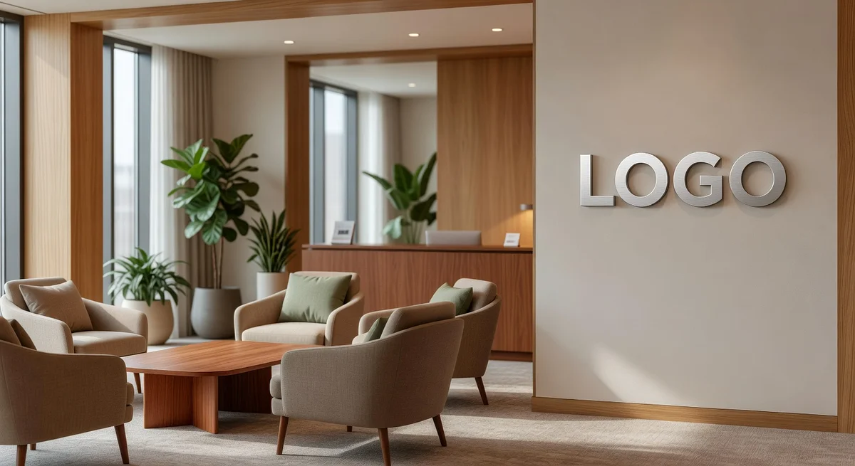 Insurance Natural Waiting Room Branded Virtual Office Background with Company Logo - Elegant