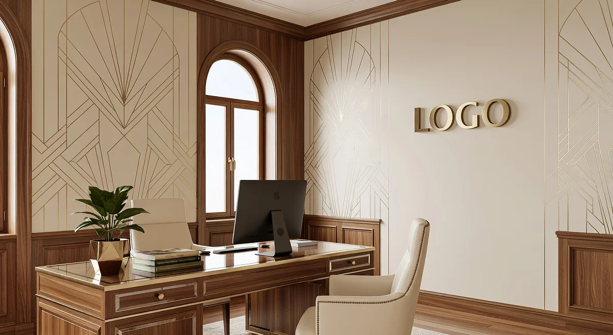 Property Management Art Deco Home Office Branded Virtual Office Background with Company Logo - Creative