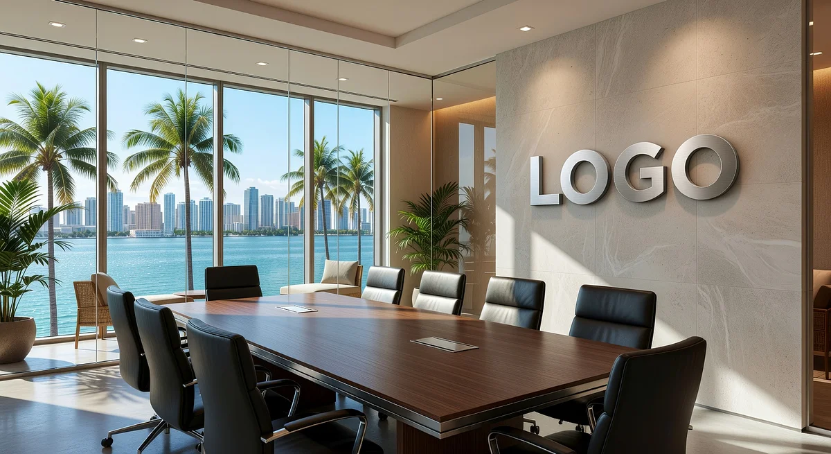Miami Private Equity Executive Conference Room Branded Virtual Office Background with Company Logo - Executive