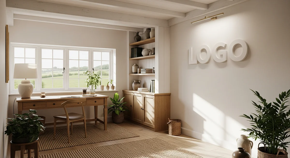 English Cottage Office Branded Virtual Office Background with Company Logo - Real Estate