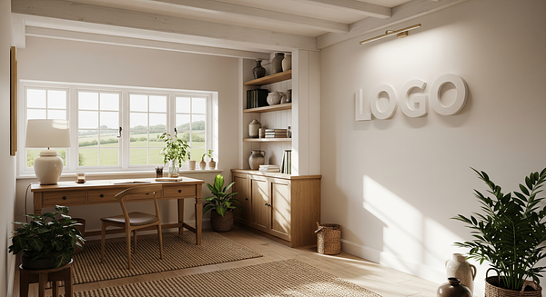 English Cottage Office Branded Virtual Office Background with Company Logo - Real Estate