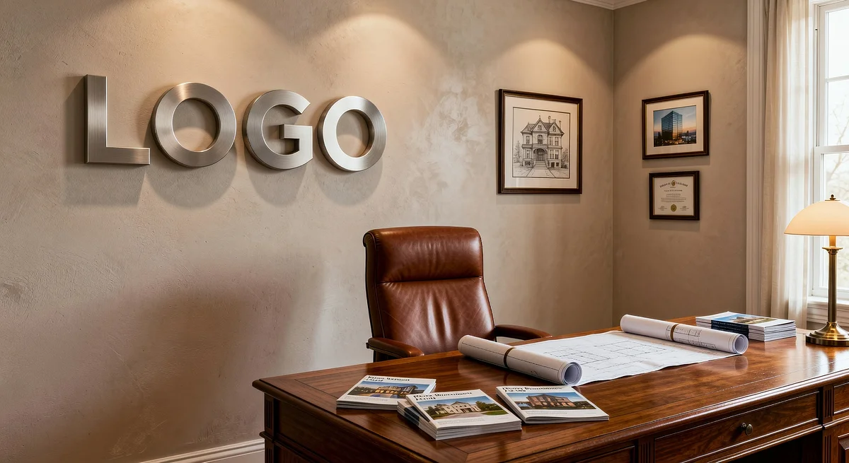 Real Estate Classic Workspace Branded Virtual Office Background with Company Logo - Industrial