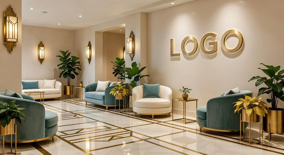 Medical Spa Art Deco Lobby Branded Virtual Office Background with Company Logo - Corporate