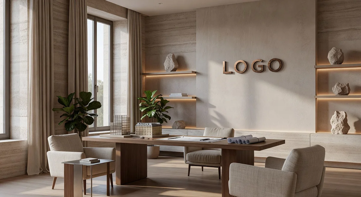 Paris Architecture Firm Earthy Workspace Branded Virtual Office Background with Company Logo - Office